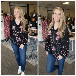 Savanna Jane Floral Embroidered Cinch Waist Top Size Small Black V-Neck thumbnail 3