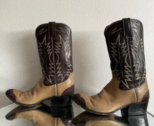 Vintage Brown Tan Leather Western Festival Wingtip Mid Calf Heeled Cowboy Boots thumbnail 12