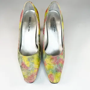 Bellini Tamesis Embossed Leather Kitten Heels Shoes Floral Yellow Pink Women 7.5 thumbnail 3