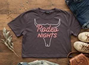 Zutter USA Rodeo Nights Graphic Crop Top Charcoal Gray Western Bull Skull Medium thumbnail 1