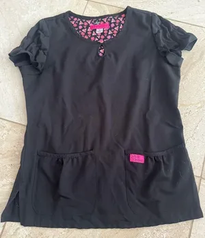 Betsey Johnson Size small black scrubs top pink heart button thumbnail 1