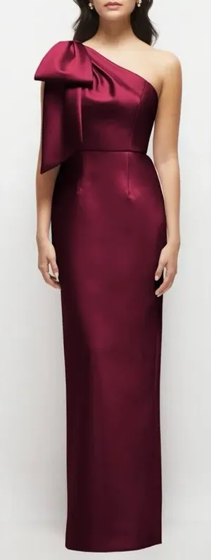 NEW Alfred Sung Bow Detail One-Shoulder Satin Twill Column Gown Sz 4 Cabernet thumbnail 1
