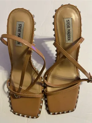 Steve Madden Tan Crystal-Trim Strappy Square-Toe Sandals thumbnail 1