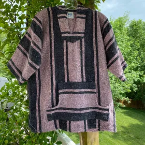 Vintage 5Focus Cotton Blend Pink & Gray Short‎ Sleeve Mexican Baja Poncho thumbnail 1