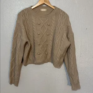 Altar'd State Beige Cropped Cable Knit Chunky Bobble Sweater Cozy Preppy Pom M thumbnail 6