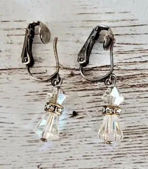 Vintage Clip On Earrings Iridescent Dangle with Clear Stone Accent thumbnail 1