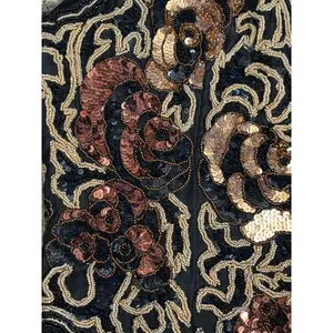 Vintage 90s‎ Black Tie Silk Beaded Metallic Sequin Open Front Vest Gold Bronze thumbnail 9