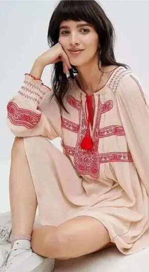 Free People‎ Wind Willow Embroidered Tunic Shift Mini Dress Size Small Tassels thumbnail 1