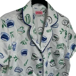 Kate Spade Blue Green Novelty Coffee Print Satin Pajama‎ Top Cozy Feminine XS thumbnail 3