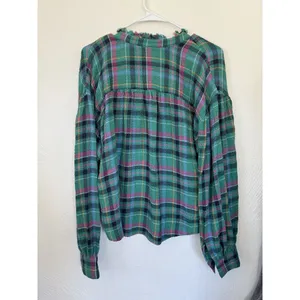 Anthropologie Pilcro Cropped Puff-Sleeve Soft Crinkle Green Plaid‎ Blouse Small thumbnail 11