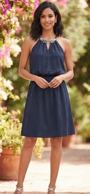 As‎ U Wish Navy Blue Halter Dress Silver Neck Detail Elastic Waist Size M thumbnail 1