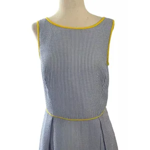 Elle Women Size Small Fit & Flare Seersucker Dress Blue Yellow Pleated | 21-917 thumbnail 3