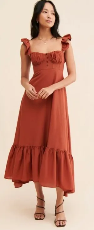 Farm Rio Ruffle-Sleeve Rust Midi Dress thumbnail 1