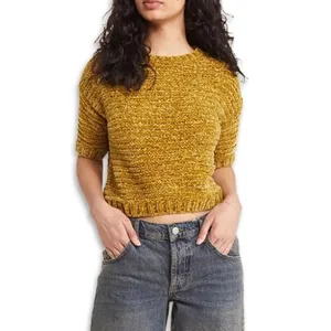 Open Edit Gold Olive Green Cropped Sweater Short Sleeve Knit Top S. NWT Textured thumbnail 2