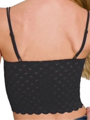 Zenana Scalloped Padded Seamless Lace Bralette Crop Top – Black thumbnail 2