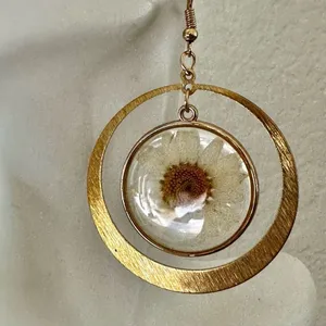Real Pressed Daisy Resin Earrings in Gold Tone Circles thumbnail 3