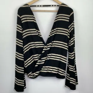 Chaser Womens M Black White Striped Wrap Top Deep‎ V Neck Bell Sleeve Y2K Boho thumbnail 8
