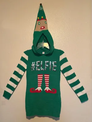 No Boundaries Small #ELFIE Elf Hooded Ugly Christmas Sweater Sequin thumbnail 3