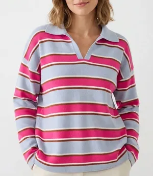 Pink Blue Striped Long Sleeve Knit Polo Sweater V-Neck Collar Size L thumbnail 1