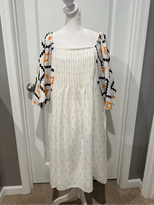 Boutique White Smocked Midi Dress Aztec Puff Sleeve XL thumbnail 2
