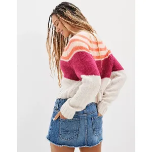 American Eagle Striped Cardigan Button Front Multicolor Pink Cream Fuzzy Size XS thumbnail 2