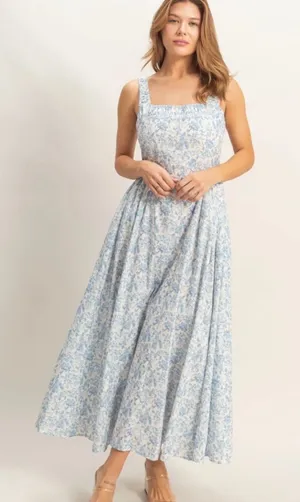 HYFVE Blue Floral Cotton Empire Waist Maxi Dress Square Neck Cottagecore Large thumbnail 1