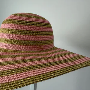 Juicy Couture‎ OS Pink Gold Stripe Straw Sun Hat Wide Brim Metallic Logo Beach thumbnail 2