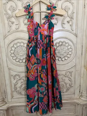 Farm Rio x Anthropologie Pleated Tropical Palm Midi Dress Size XXSmall thumbnail 4