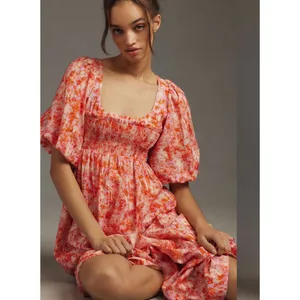 Anthropologie Smocked Babydoll Midi Dress Pink Orange Floral M Medium thumbnail 2