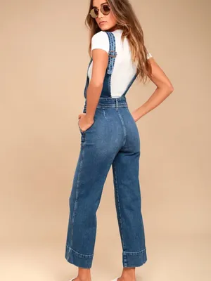 Free People Blue Wide-Leg Denim Overalls thumbnail 2