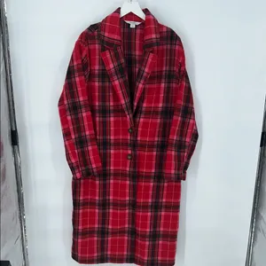 Old Navy Women’s Long Coat Red Tartan Plaid Oversized Soft Brushed Duster~L thumbnail 3