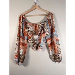 Altar'd State Floral Patchwork Crop Top Long Balloon Sleeve Boho Rust Blue Large thumbnail 7