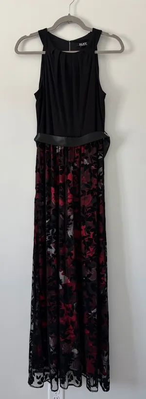 SLNY Fashions Black Red Floral Velvet Sleeveless Sheer Velvet Formal Dress 6 thumbnail 1