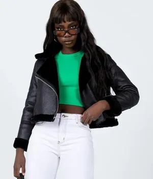Princess Polly black shearling cropped black aviator jacket XS/S thumbnail 1