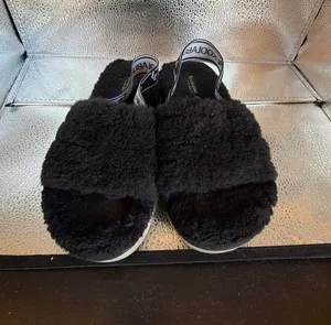 Koolaburra by UGG Fuzz'n II Black Faux-Fur Slingback Sandals thumbnail 1