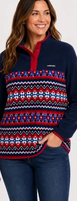 Lands End Snapneck Heritage Fleece Pullover Large Fair Isle Geometric thumbnail 1