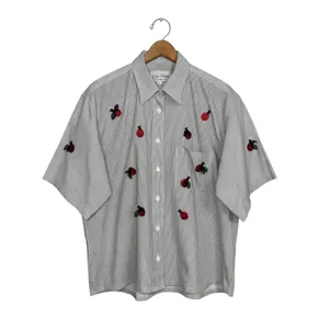 Las Olas Vintage Pinstripe Ladybug Embroidered Short Sleeve Button Down Shirt Lg thumbnail 2