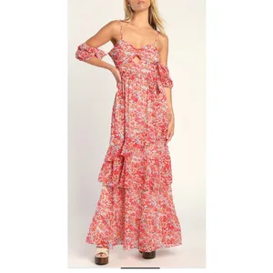 Lulus Posh Petals Red Floral Lurex Cold Shoulder Maxi Dress Size Large‎ Boho thumbnail 11