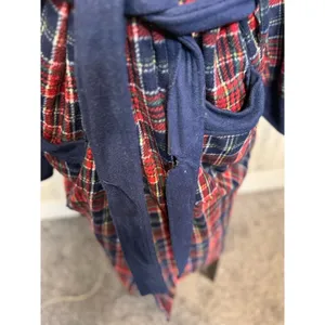Chaps Tartan Plaid Fleece Bathrobe One Size Fits Most Navy Blue Red Shawl Collar thumbnail 2