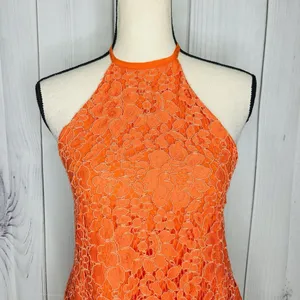 NBD Revolve Lace Overlay Floral Halter Dress Sz S Orange Mini A-Line Ribbon Tie thumbnail 2
