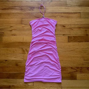 ZARA Y2K Style Mini Dress Pink Halter Scrunched‎ Ruched Bodycon size XS thumbnail 2