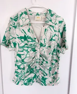 NWT Anthropologie Maeve Green Floral Ruched Front Button Polo Top - XL thumbnail 1