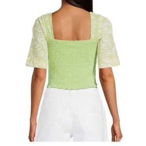 Free People Marigold Smocked Crop Top Key‎ Lime Green SS Size Large NWT thumbnail 2