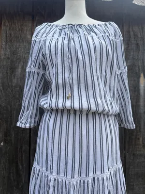 Lauren Ralph Lauren White Maxi Dress Black Stripes Ruffled Tiered Hem Sz 14 thumbnail 3
