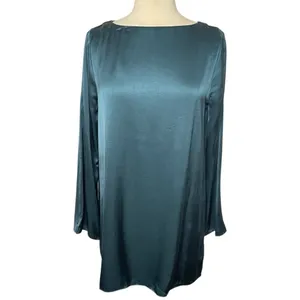 NWOT MADEWELL Long Bell Sleeve Satin Shift Dress in‎ Smoky Spruce, Medium thumbnail 4