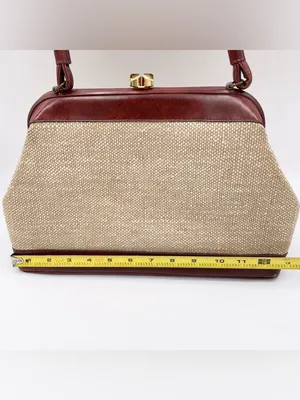 Vintage 50s 60s Top Handle Satchel Bag Red Leather Tweed Purse Midcentury Modern thumbnail 11