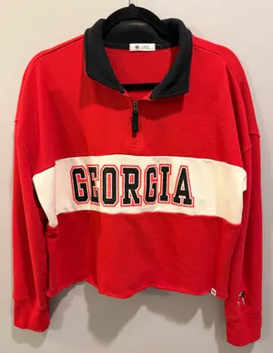 ‘47 University of Georgia Bulldogs Cropped Raw Hem Retro Inspired Quarter Zip Pullover Red thumbnail 1