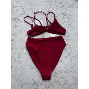 NWT Quince Cherry Red Knot Tie Bikini Top & High Rise High Leg Bottom Set Small thumbnail 2