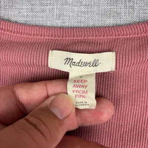 Madewell T-Shirt Womens S Pink Notch V-Neck Long Sleeve Ribbed Cropped Top thumbnail 4