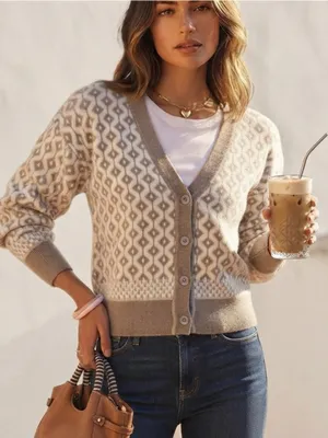 CUPCAKES AND CASHMERE Women’s Knit Buttoned Cardigan Sweater Geometric Tan Sz XS thumbnail 1